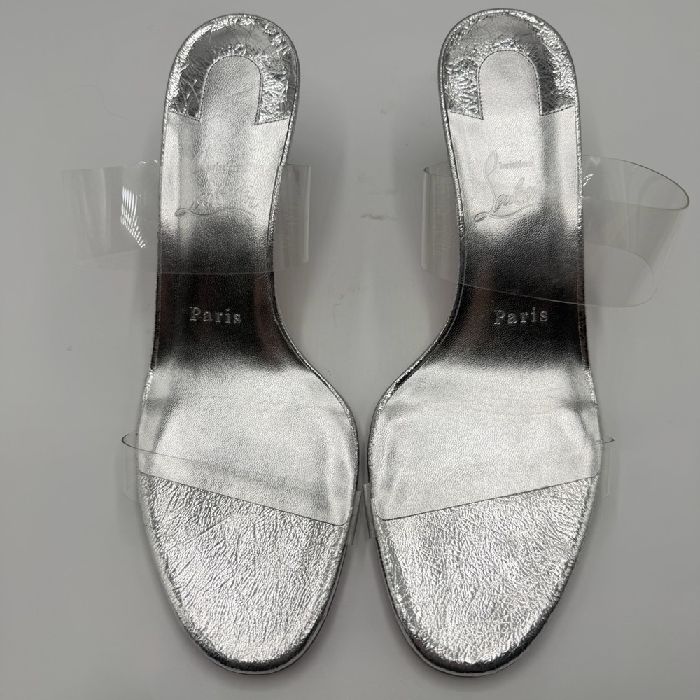 NEW NIB Christian Louboutin Just Nothing Metallic Silver PVC 35 mm Kitten Heels